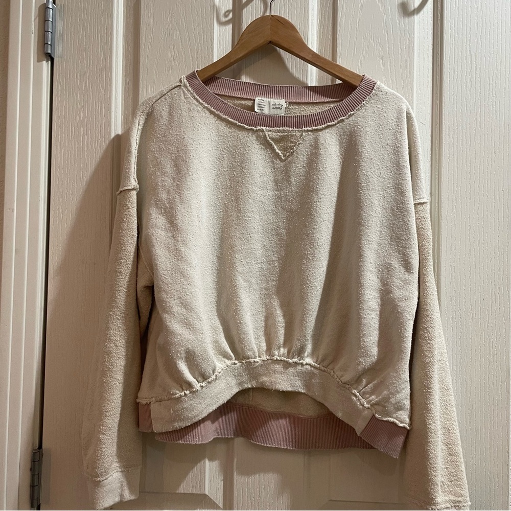 Anthropologie Saturday Sunday Au Fait Cream Pink Metallic Trim Linen Sweatshirt - Picture 6 of 12